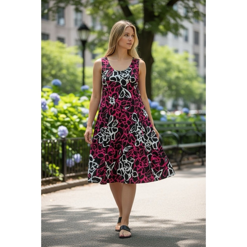 Danny & Nicole Women's 14 Pink Black Floral Swing Dress Sleeveless